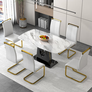 Hearth and Haven 1 Table and 6 Chairs. Modern, Simple and Luxurious White Imitation Marble Rectangular Dining Table and Desk with 6 White Leatherette Gold Plated Leg Chairs 63'' X 35.4'' X 30'' W1151S00446