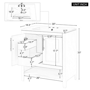 English Elm 30" Modern Bathroom Vanity with Ceramic Sink, Solid Wood & MDF, 2 Doors 2 Drawers Open Shelf (97) WF308203AAK