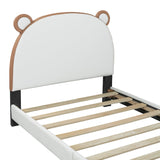 English Elm Twin Size Upholstered Platform Bed With Bear-Shaped Headboard and Footboard,White+Brown