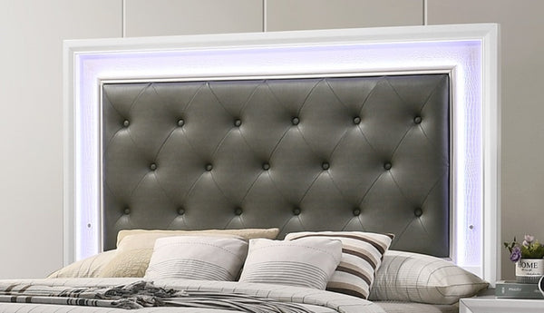 English Elm Modern Crocodile Skin Finish Upholstered Queen LED Panel Bed with Diamond Tufting and Glam Backlight White 52.5 L x 40.7 W x 6.5 H B011S00452