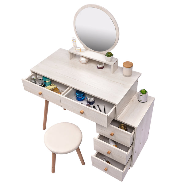 English Elm CRAZY ELF Makeup Vanity Table with Cushioned Stool, 5-Drawer Large Storage, Adjustable Length Mirror W93642092