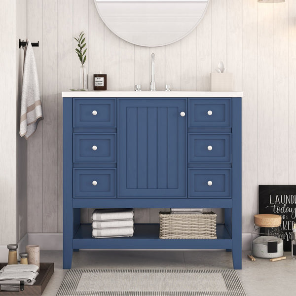 English Elm 36" Bathroom Vanity With Sink, Stylish Blue Finish, Ample Storage, Durable Design For Modern Spaces N725P246500C