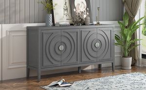 English Elm Trexm Vintage Four Door Sideboard Rubberwood Carved Panels Round Handles Dining Storage Gray WF307723AAE