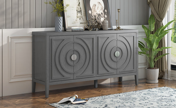 English Elm Trexm Vintage Four Door Sideboard Rubberwood Carved Panels Round Handles Dining Storage Gray WF307723AAE