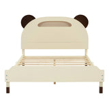 English Elm Full Size Wood Platform Bed With Bear-Shaped Headboard,Bed With Motion Activated Night Lights,Cream+Walnut