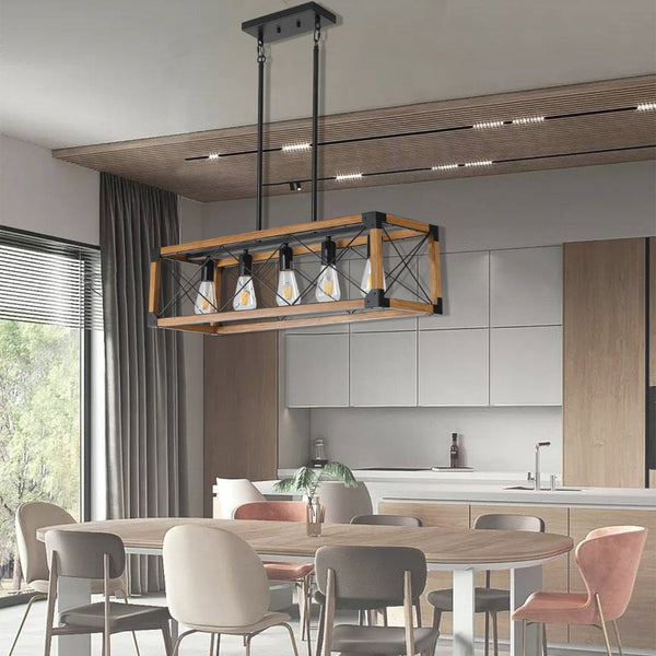 English Elm (same as W1340111207) Walnut Iron Five-light Rectangle Chandelier for Kitchen or Dining W1340P206643