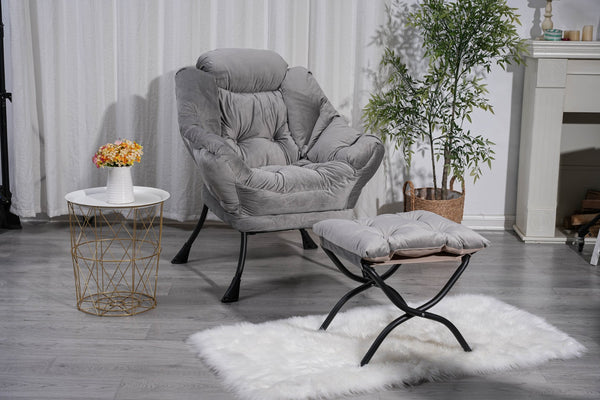 English Elm Living Room Cotton Lounge Chair with Ottoman Steel Frame Ergonomic Accent Seat Light Gray W1899121347