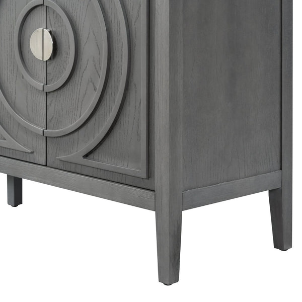 English Elm Trexm Vintage Four Door Sideboard Rubberwood Carved Panels Round Handles Dining Storage Gray WF307723AAE
