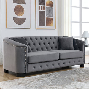 English Elm 77-Inch Modern Chesterfield Velvet Sofa with Tufted Back, Nailhead Arms, Plush Cushions, Durable Frame Grey W834S00520