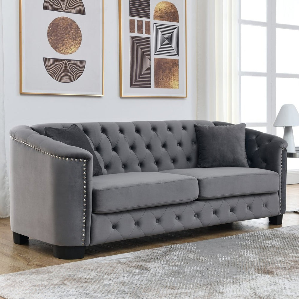 English Elm 77-inch Chesterfield Velvet Sofa Tufted Three Seat Nailhead Trim Living Room Couch Grey W834S00644