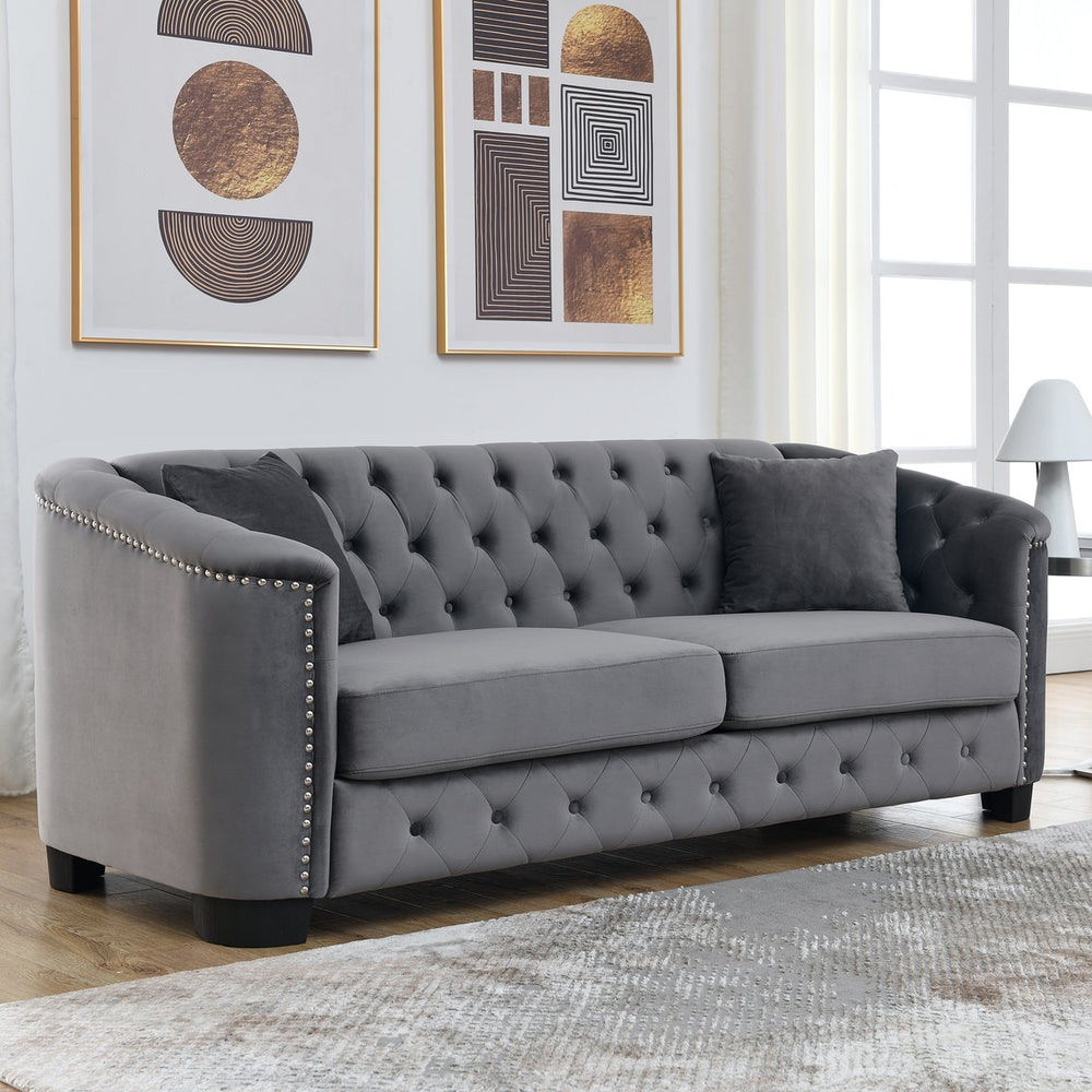 English Elm 3-Seater Velvet Grey Sofa - Elegant Combination Design For Modern Comfort & Stylish Living Spaces W834S00524