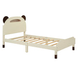 English Elm Twin Size Wood Platform Bed With Bear-Shaped Headboard,Bed With Motion Activated Night Lights,Cream+Walnut