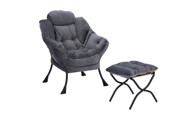 English Elm Living Room Cotton Lounge Chair with Ottoman Steel Frame Ergonomic Accent Seat Dark Grey W1899121348