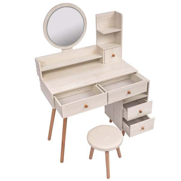 English Elm CRAZY Elegant Vanity Table Set with Cushioned Stool, Touch LED Mirror, 5 Drawers & Spacious Storage, Adjustable Length W936110479