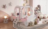 English Elm Twin Size Princess Carriage Bed With Crown ,Wood Platform Car Bed With Stair,White+Pink