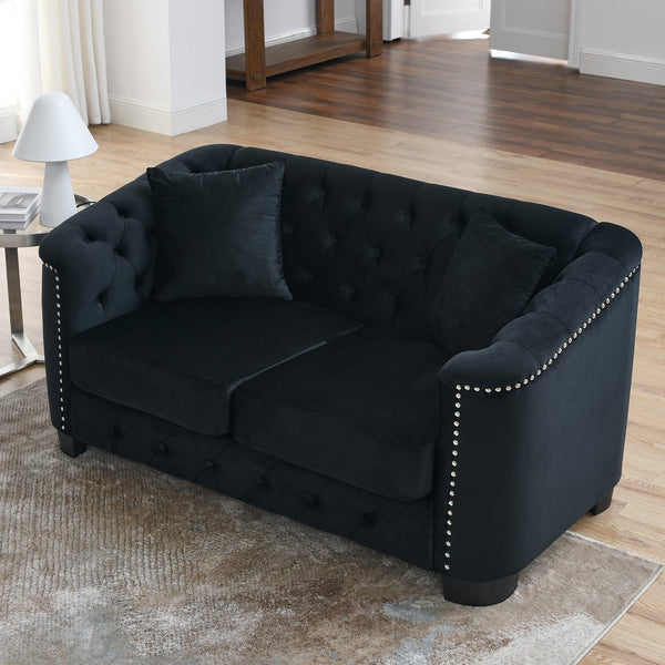 English Elm 3-Seater Velvet Sofa Combination Set - Luxurious Black Fabric With 2 Pillows & Modern Style For Living Rooms W834S00525