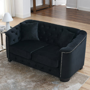 English Elm 59-Inch Modern Chesterfield Velvet Sofa with Tufted Back, Nailhead Arms, Two Cushions, Stylish Comfort Black W834S00142