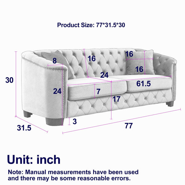 English Elm 77-inch Chesterfield Velvet Sofa Tufted Three Seat Nailhead Trim Living Room Couch Beige W834S00646