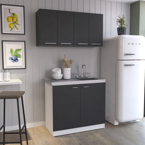 English Elm 2-Piece Wenge and White Kitchen Workstation with Stainless Steel Countertop, Sink Cabinet & Wall Storage B062S00586