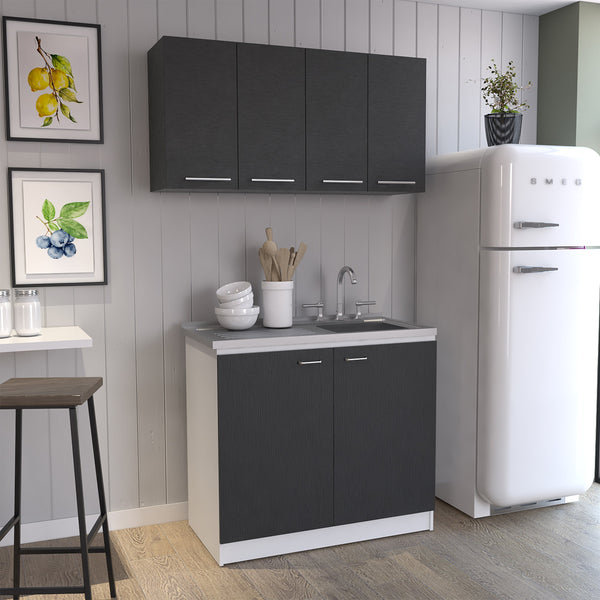 English Elm 2-Piece Wenge and White Kitchen Workstation with Stainless Steel Countertop, Sink Cabinet & Wall Storage B062S00586