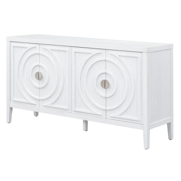 English Elm Trexm Vintage Four Door Sideboard Rubberwood Carved Panels Round Handles Dining Storage White WF307723AAK