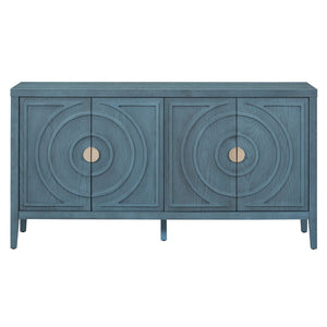 English Elm Trexm Vintage Four Door Sideboard Rubberwood Carved Panels Round Handles Dining Storage Antique Blue WF307723AAM
