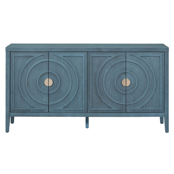 English Elm Trexm Vintage Four Door Sideboard Rubberwood Carved Panels Round Handles Dining Storage Antique Blue WF307723AAM