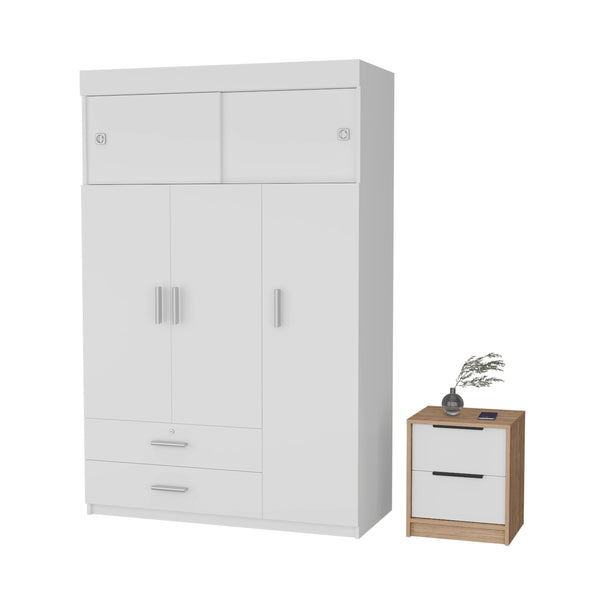 English Elm Elirya Two-Piece Bedroom Set with Armoire & Nightstand, White/Light Oak, Sliding Doors & Drawers for Organized Storage and Display B062S00263
