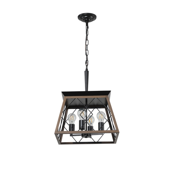English Elm (Same As W1340111202/L1008) 16" Walnut 4-Light Pendant Chandelier, Adjustable Metal Cage Design For Modern Spaces W1340P206638