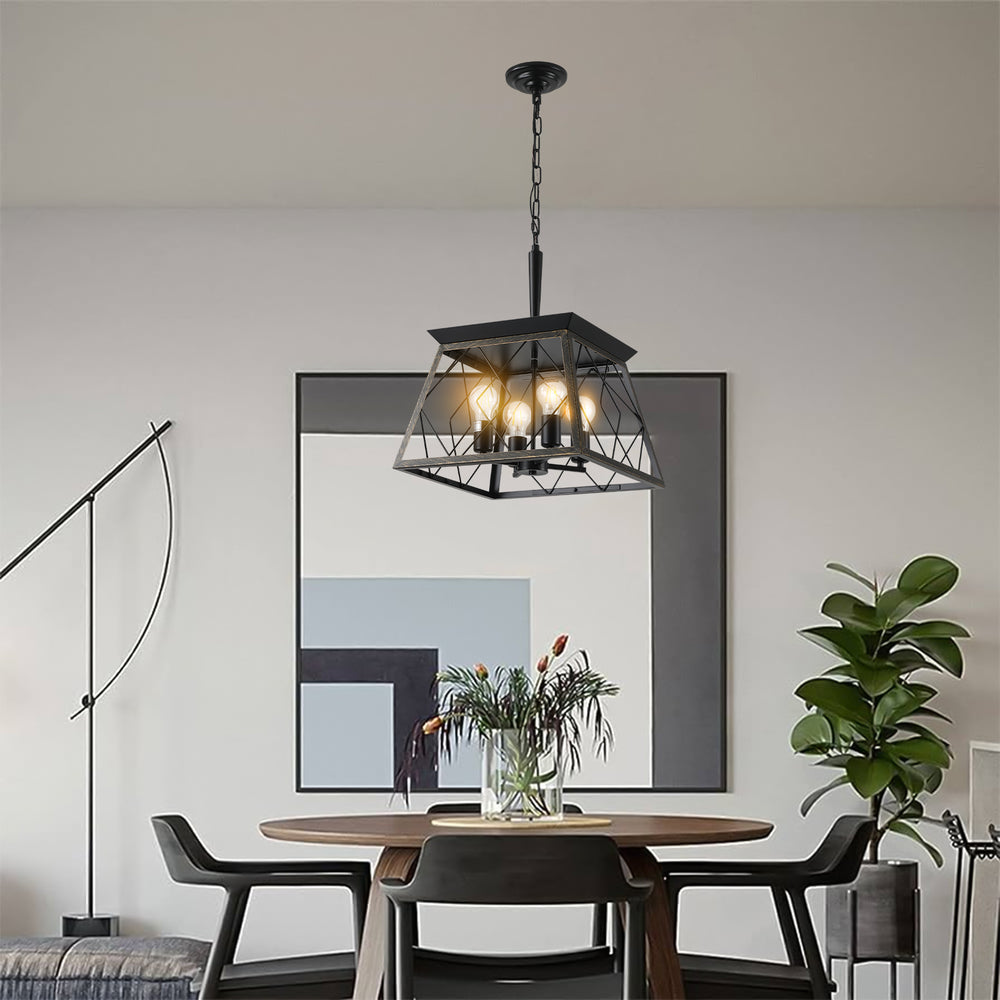 English Elm (Same W1340111204/L1010) 16" Black Gold Industrial 4-Light Pendant Chandelier - Retro Metal Cage, Adjustable Chain, E26 Compatible W1340P206637
