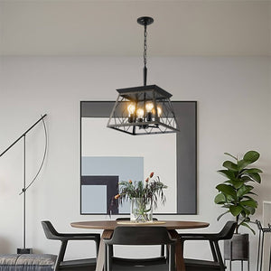 English Elm Farmhouse 4-Light Vintage Chandelier - Retro Iron Trapezoid Pendant, Adjustable Chain, E26 Bulbs W1340111204