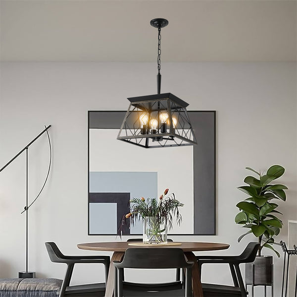English Elm Farmhouse 4-Light Vintage Chandelier - Retro Iron Trapezoid Pendant, Adjustable Chain, E26 Bulbs W1340111204