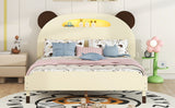 English Elm Full Size Wood Platform Bed With Bear-Shaped Headboard,Bed With Motion Activated Night Lights,Cream+Walnut