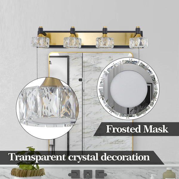 English Elm 28" Modern Crystal LED Vanity Light Black & Gold Finish — 4-Light Elegant Bathroom Wall Sconce, Rust-Resistant Luxury W1340110605