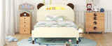 English Elm Twin Size Wood Platform Bed With Bear-Shaped Headboard,Bed With Motion Activated Night Lights,Cream+Walnut