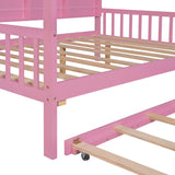 English Elm Wooden Full Size House Bed With Trundle,Kids Bed With Shelf,Pink