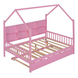 English Elm Wooden Full Size House Bed With Trundle,Kids Bed With Shelf,Pink