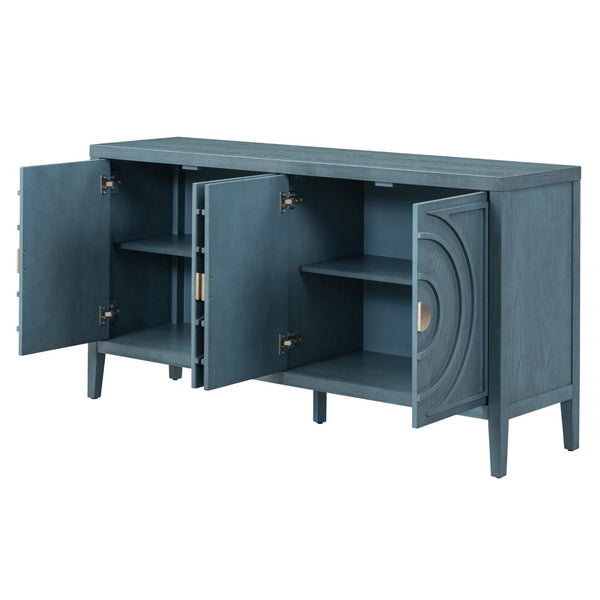 English Elm Trexm Vintage Four Door Sideboard Rubberwood Carved Panels Round Handles Dining Storage Antique Blue WF307723AAM