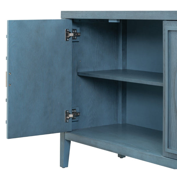 English Elm Trexm Vintage Four Door Sideboard Rubberwood Carved Panels Round Handles Dining Storage Antique Blue WF307723AAM