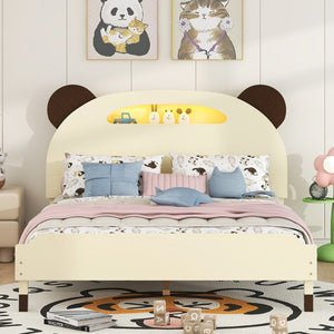 English Elm Full Size Wood Platform Bed With Bear-Shaped Headboard,Bed With Motion Activated Night Lights,Cream+Walnut