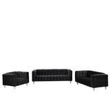 English Elm Modern 3-Piece Sofa Set With Solid Wood Legs, Buttoned Tufted Backrest, Dutch Fleece Upholstered Sofa Set Including Three-Seater Sofa, Double Seat and Living Room Furniture Set Single Chair, Black