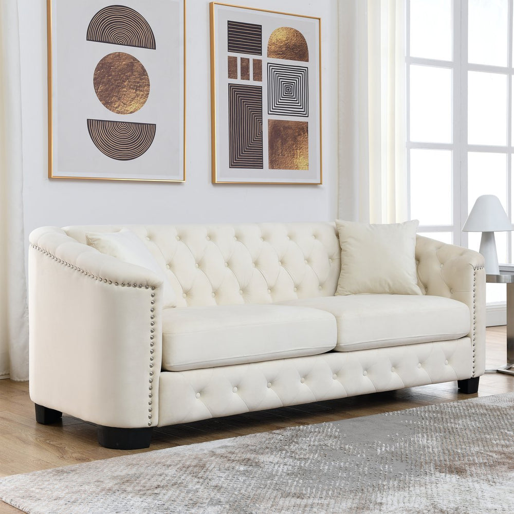 English Elm 77-Inch Modern Chesterfield Velvet Sofa with Tufted Back, Nailhead Arms, 3-Seater Comfort & Durable Frame Beige W834S00138