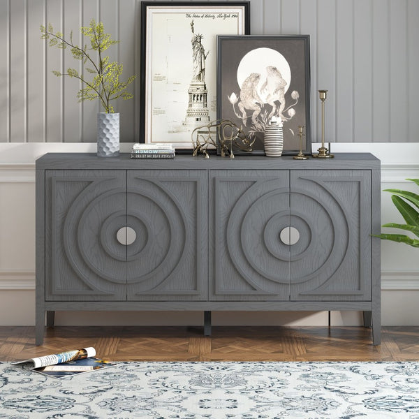 English Elm Trexm Vintage Four Door Sideboard Rubberwood Carved Panels Round Handles Dining Storage Gray WF307723AAE