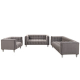 English Elm Modern 3-Piece Sofa Set With Solid Wood Legs, Buttoned Tufted Backrest, Dutch Fleece Upholstered Sofa Set Including Three-Seater Sofa, Double Seat and Living Room Furniture Set Single Chair, Gray