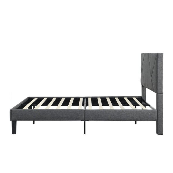 English Elm Queen Upholstered Platform Bed Tailored Grey Fabric Frame with Wood Slat Foundation W311110545