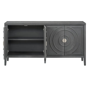 English Elm Trexm Vintage Four Door Sideboard Rubberwood Carved Panels Round Handles Dining Storage Gray WF307723AAE