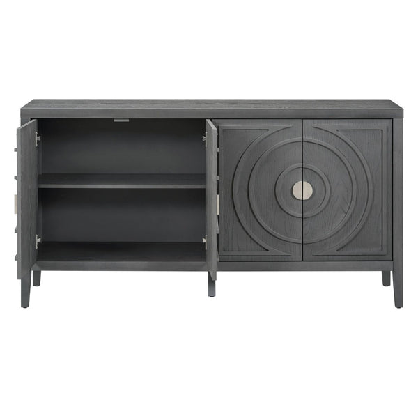English Elm Trexm Vintage Four Door Sideboard Rubberwood Carved Panels Round Handles Dining Storage Gray WF307723AAE