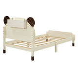 English Elm Twin Size Wood Platform Bed With Bear-Shaped Headboard,Bed With Motion Activated Night Lights,Cream+Walnut