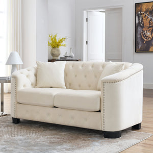 English Elm 59-Inch Modern Chesterfield Velvet Sofa with Tufted Back, Nailhead Arms, Two Cushions, Stylish Comfort Beige W834S00141