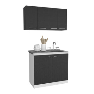 English Elm 2-Piece Wenge and White Kitchen Workstation with Stainless Steel Countertop, Sink Cabinet & Wall Storage B062S00586